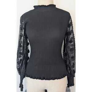 Almost Famous Black Mock Neck Ribbed Top with Mesh Pom Sleeves - Size XL NWT